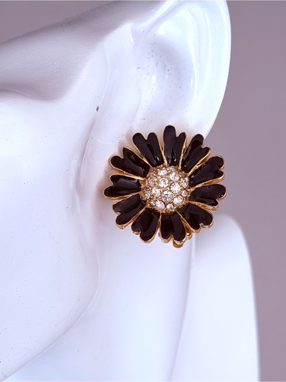 Vintage Black Floral Crystal Center Earrings - Gold Tone